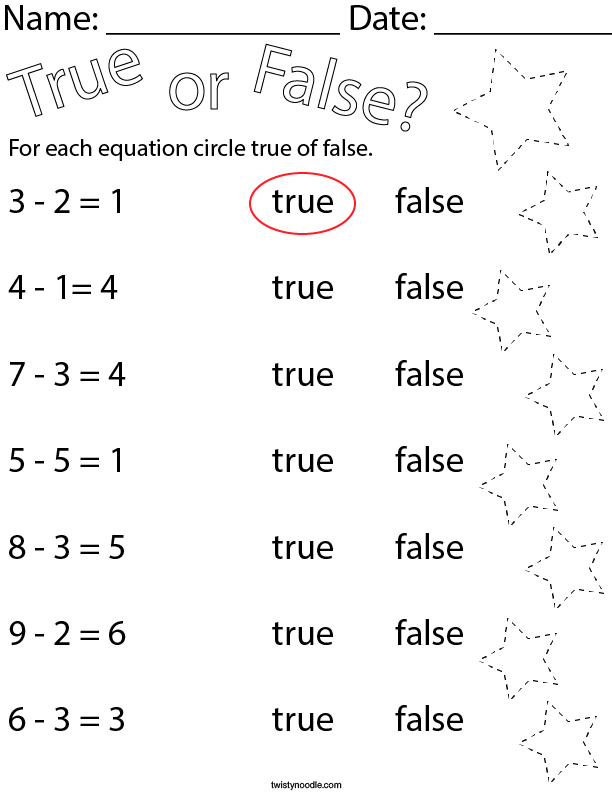 True Or False Subtraction Equations Math Worksheet Twisty Noodle